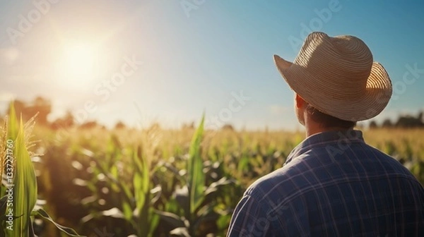 Fototapeta farmer in a straw hat inspecting tall corn stalks in a sunlit field, with clear blue skies and endless rows of crops stretching behind him