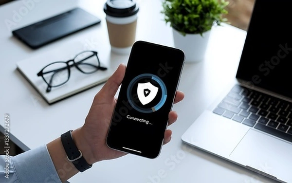 Fototapeta VPN Security: Protecting Online Privacy on Mobile Devices, online privacy, secure browsing, cybersecurity, VPN encryption, digital security, anonymous browsing, cyber protection, private network.