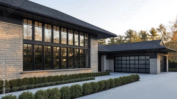 Obraz A sleek modern home with a stone and gray wall exterior, accented by a dark shingle roof
