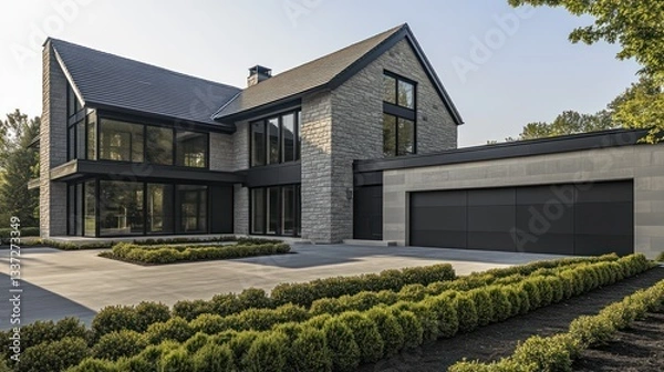 Obraz A sleek modern home with a stone and gray wall exterior, accented by a dark shingle roof