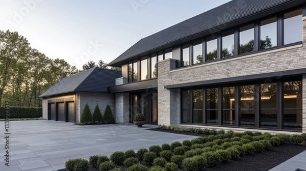 Obraz A sleek modern home with a stone and gray wall exterior, accented by a dark shingle roof