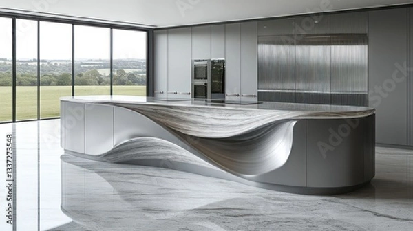 Obraz A sleek, modern kitchen with a smooth gray color scheme and silver hardware