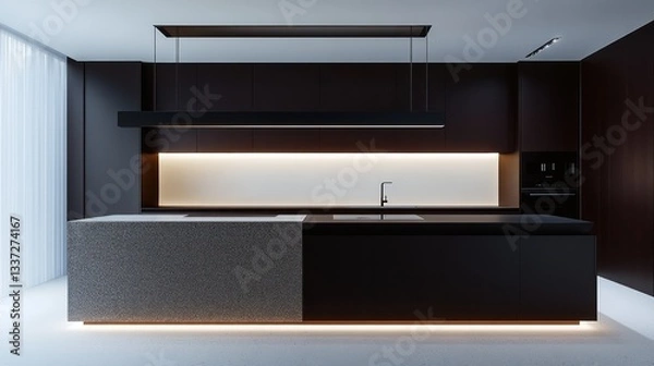 Obraz A sleek, modern kitchen with dark espresso brown cabinets and smooth white walls, contrasted with glossy black accents on the appliances and countertops