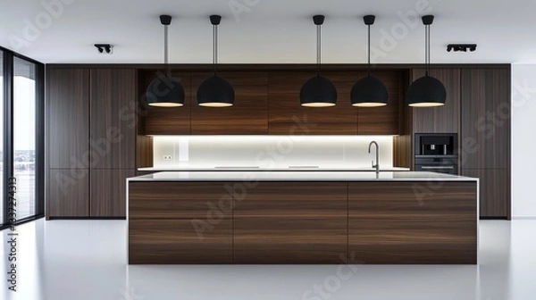 Obraz A sleek modern kitchen with dark walnut wood cabinets and pristine white glass fronts