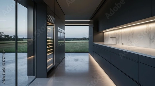 Obraz A sleek, modern kitchen with dark gray cabinets and pristine white marble countertops