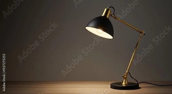 Fototapeta Adjustable Desk Lamp Gold and Black - Modern adjustable desk lamp with a black shade and gold base. Perfect for home office or study