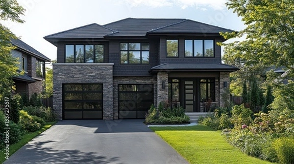 Obraz A sleek, modern two-story home featuring stone walls, a dark shingle roof, and dark windows