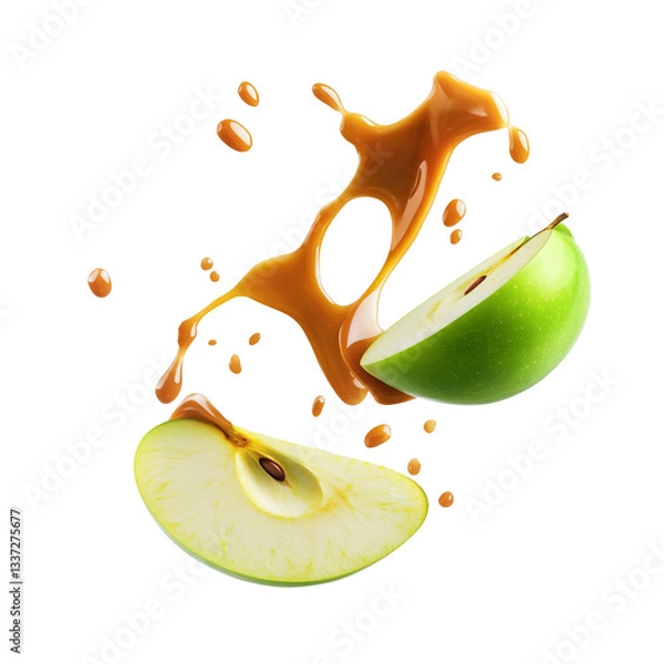 Obraz Sliced Green Apple with Flowing Caramel Sauce in Mid-Air, cut out