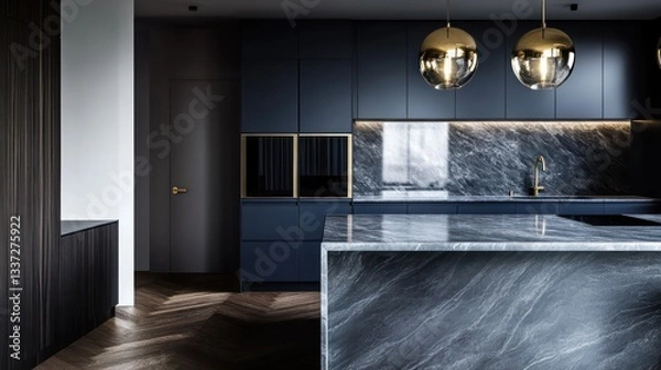Obraz A sophisticated kitchen with dark navy blue cabinets and a sleek, polished marble countertop that has light gray veins