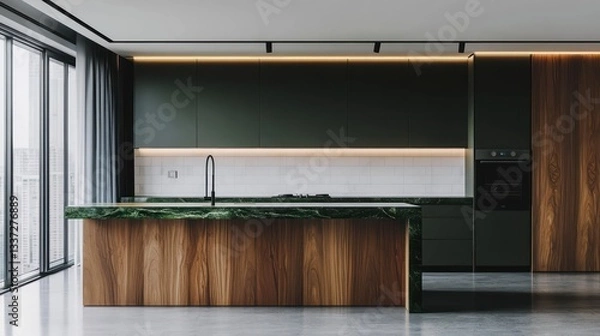 Obraz A sophisticated kitchen with a walnut wood island and a rich, dark green marble top