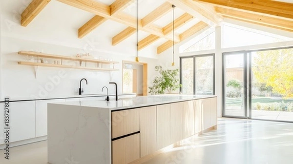 Obraz A spacious kitchen featuring a large island with a white marble countertop, light wood cabinets, and sleek black fixtures