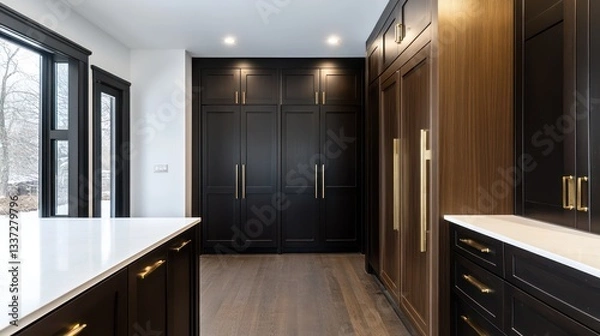 Obraz A spacious, modern kitchen with dark brown cabinetry featuring natural wooden doors and black trim