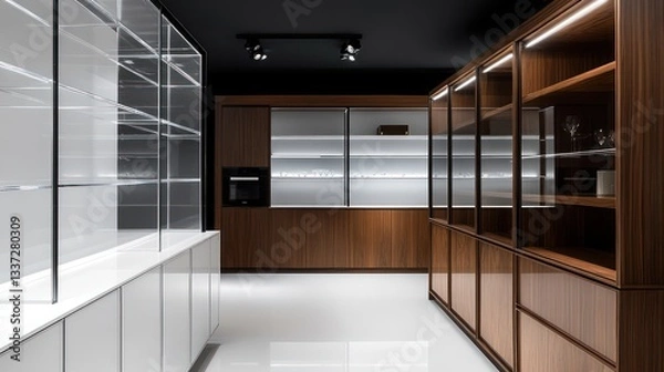 Obraz A stunning kitchen design with dark walnut wood and white glass cabinetry, paired with a glossy white floor
