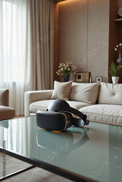 Obraz Virtual reality headset lying on a sleek glass table 