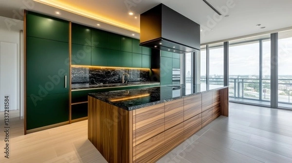 Obraz A stylish kitchen with a warm walnut wood island paired with deep emerald green cabinetry