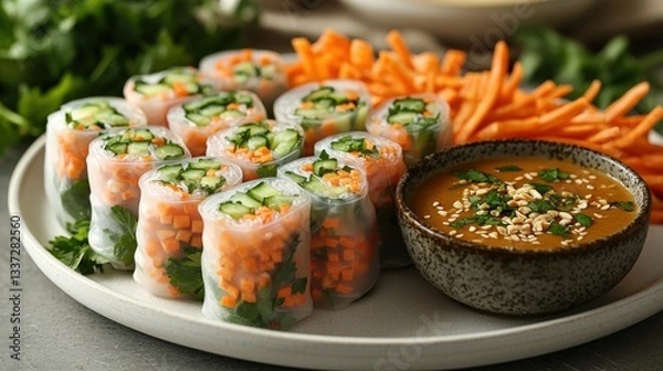 Fototapeta Fresh summer roll platter with tempeh and peanut dipping sauce on a white plate