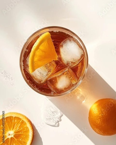 Fototapeta top view  of whisky with ice and orange slice