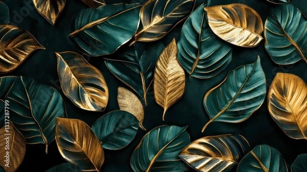 Fototapeta Black and gold background with green and gold leaf pattern , luxury, elegant, design, texture, nature, foliage, shiny