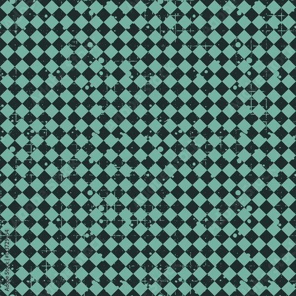Fototapeta Seamless vector pattern. blue geometric checkered background with rhombus. Grunge texture with attrition, cracks and ambrosia. Old style vintage design. Graphic illustration.