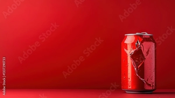 Fototapeta A damaged red soda can reveals its torn surface against a plain red background, evoking thoughts on imperfection and the fleeting nature of consumer products and experiences.