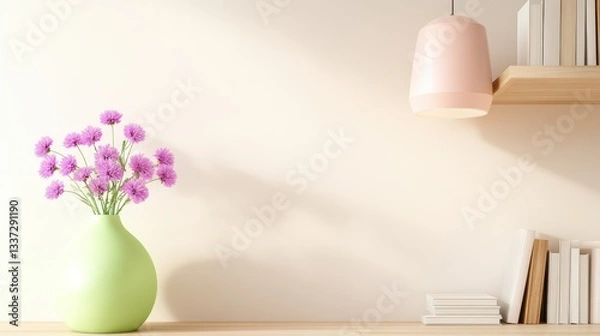 Fototapeta This delightful composition features a unique green vase filled with cheerful pink flowers, set against a minimalist backdrop that highlights its beauty and charm.