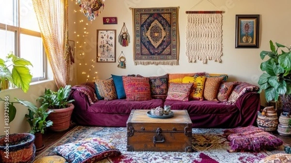 Fototapeta Cozy Boho Chic Living Room. A Stylish and Relaxing Space with Colorful Pillows, Woven Textures, and Greenery. Modern Home Decor and Real Estate Concept.