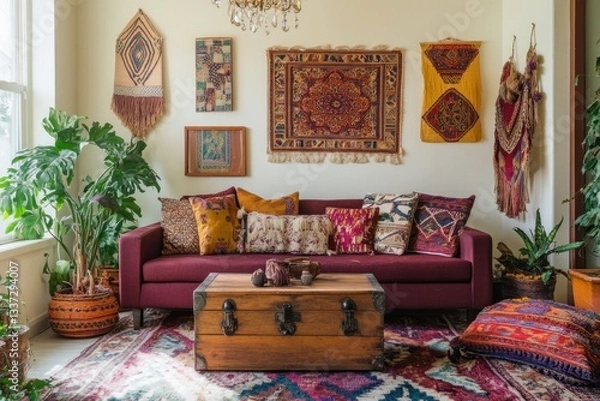 Fototapeta Cozy Boho Chic Living Room. A Stylish and Relaxing Space with Colorful Pillows, Woven Textures, and Greenery. Modern Home Decor and Real Estate Concept.