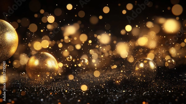 Fototapeta Glittering gold spheres and sparkling bokeh in magical night scene