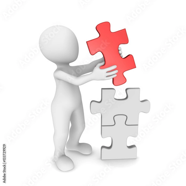 Obraz Man working with puzzle. 3d rendered illustration.
