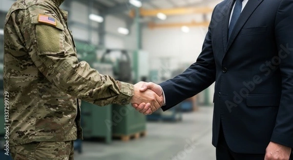 Obraz Military and Industry Collaboration: A Partnership for Progress - A soldier and businessman shake hands, symbolizing unity, collaboration, mutual respect, shared goals, and national security