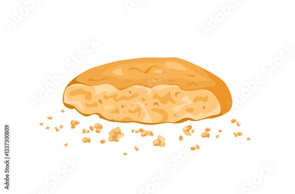 Fototapeta Crunchy biscuit and crumbs isolated on white background. Vector cartoon flat illustration of cookie piece.