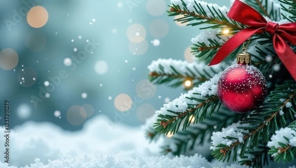 Fototapeta Snow-dusted pine branches with red ribbon and ornaments, backdrop, frosty, snowy