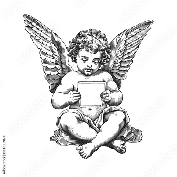Fototapeta Engraving illustration of an adorable cherub sitting with an empty banner. Black and white