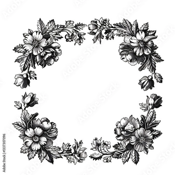 Fototapeta Illustration of a floral square wreath. Engraving style