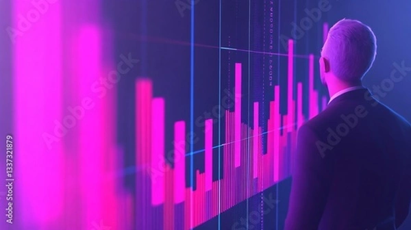 Fototapeta Business professional analyzing digital data trends, focused man in dark suit observing vibrant graphs in a modern setting.
