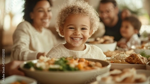 Fototapeta Happy toddler at family meal, joyful child reaching for food, warm atmosphere, gathering of loved ones, inviting table setting.