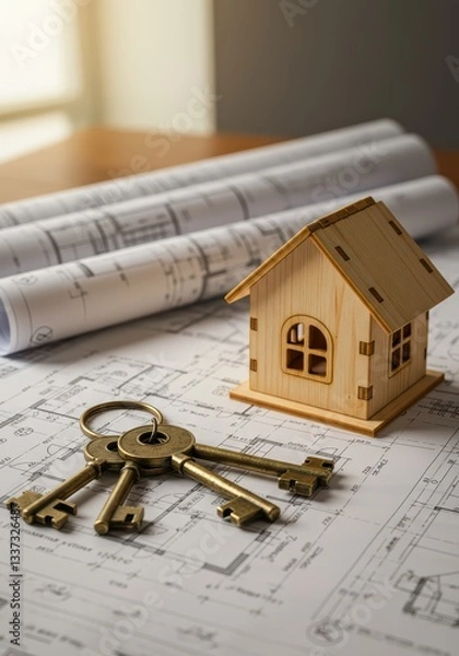 Fototapeta Wooden house model and keys on architectural plans background, real estate and planning concept