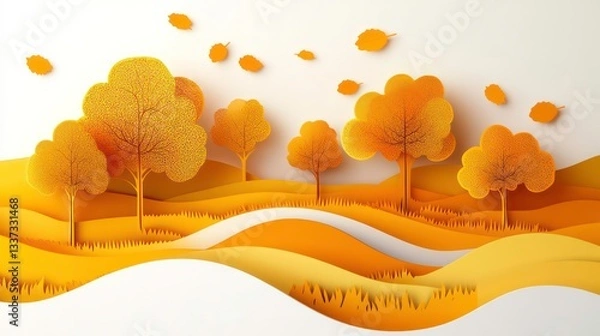 Fototapeta 3d autumn fall landscape in paper cut craft style illustration isolated on white background. Beautiful Paper Art Yellow trees