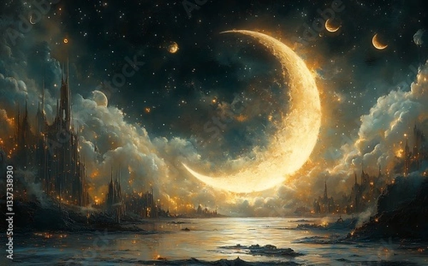 Fototapeta Luminous Crescent Moon Illuminates Starry Sky with Planets, Clouds, and Waterfront

