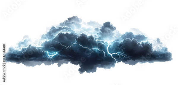 Fototapeta Dark storm clouds with lightning isolated on white and Lightning, Isolated on transparent background 
