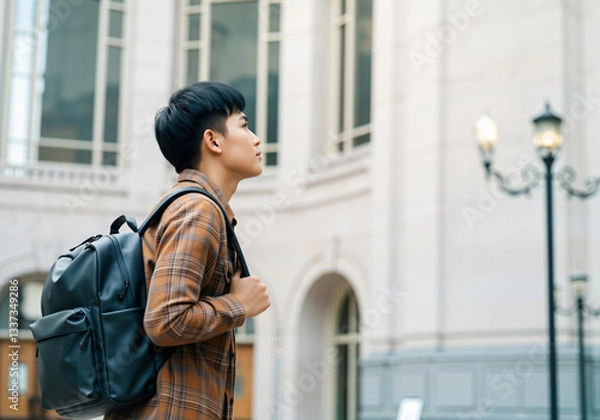 Fototapeta Asian student walking in urban setting near university carrying backpack looking up