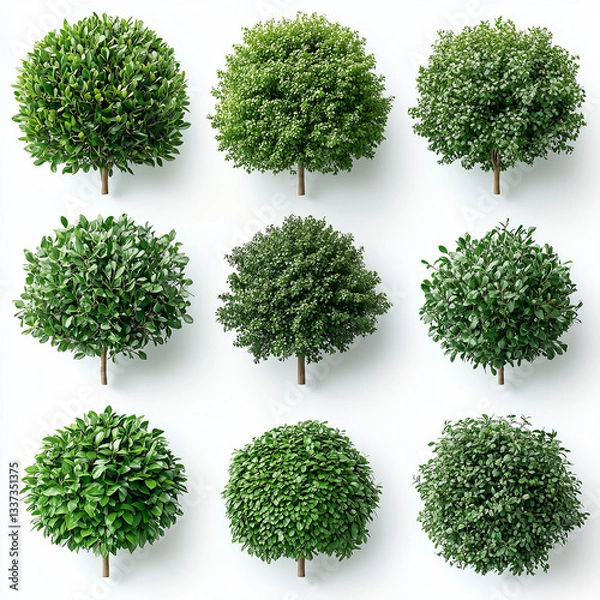 Fototapeta Axonometric bird's eye view of different trees, real photo. White background