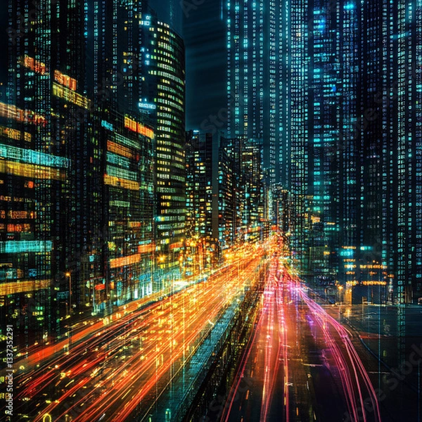 Fototapeta digital cityscape glowing with light trails and vertical matrix like patterns in a sci fi atmosphere