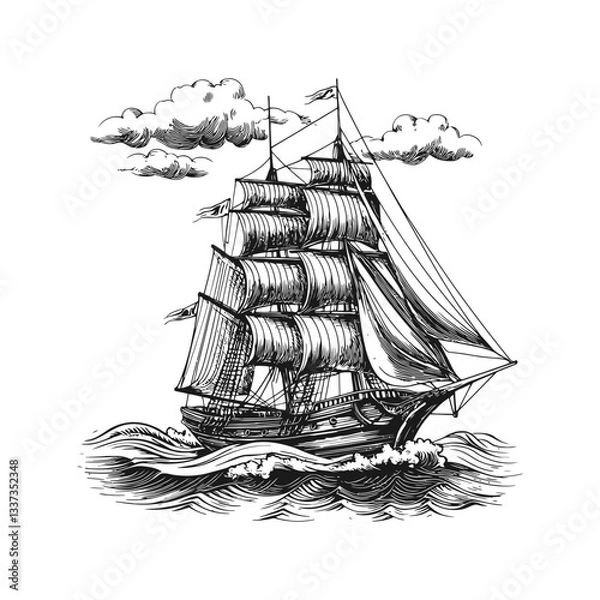 Fototapeta Vintage Engraving of a Majestic Three-Masted Sailing Ship