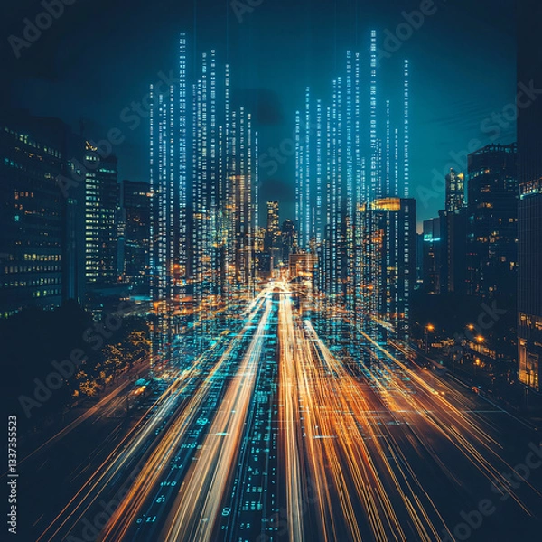 Fototapeta a futuristic cityscape at night with glowing lines and digital data lights over buildings on a png file with transparent background
