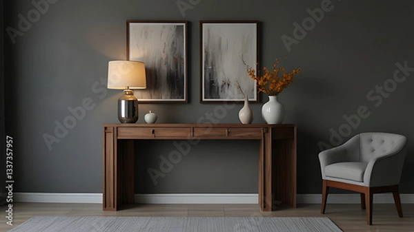 Fototapeta Chic Living Room Corner with Wooden Console Table and Stylish Decor
