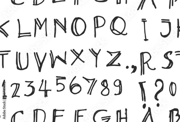 Obraz Hand drawn doodle letters and decorative elements seamless pattern. Black and white background...