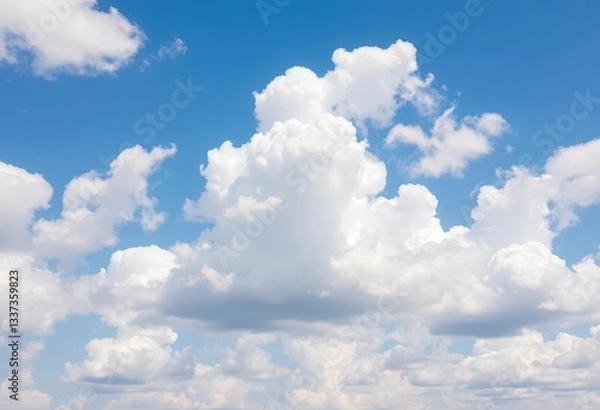 Fototapeta Vast, serene blue sky dotted with fluffy white cumulus clouds, white, clear