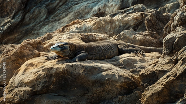 Fototapeta Iconic Komodo dragon basking in sunlight atop rugged rock, symbolizing nature’s ancient power and resilience