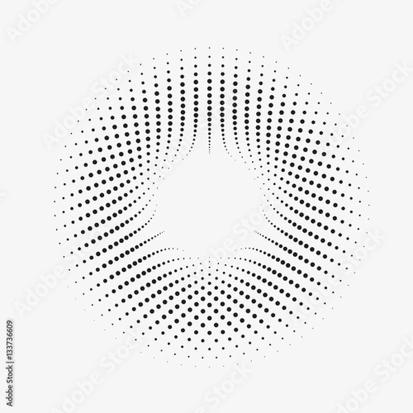 Fototapeta Modern abstract illustration made of small particles. Monochrome background with halftone circles. Twisted round shape with an array of dots. Element of design.